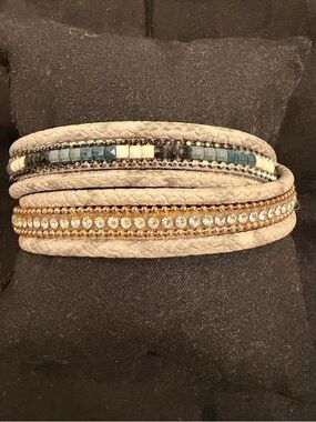 Layered Beaded and Crystal Wrap Bracelet - Blue and Gold